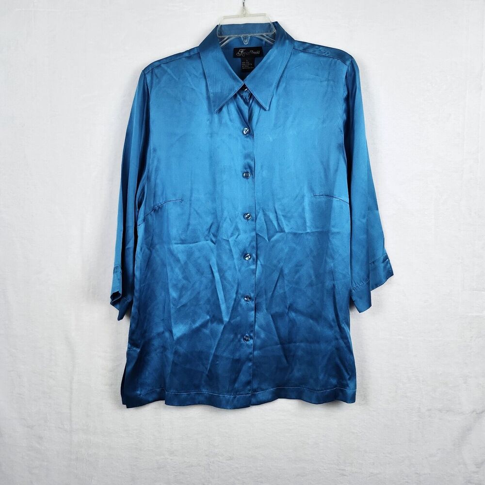 Vtg Karen Arnold Blouse Size L 100% Silk Blue Turquoise Button Up Tunic Top